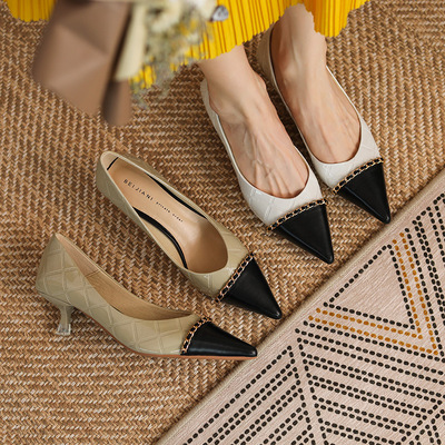 Small Fragrance Style Color Matching Pointed High Heels Stiletto Shallow Mouth Ladies Elegant French Retro