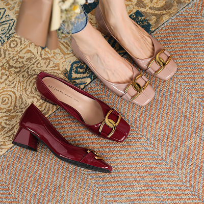 Square Toe High Heels Thick Heel French Retro Two-wear Can Be Stepped On With Patent Leather Metal