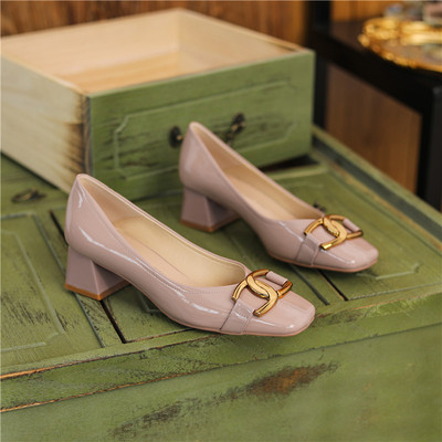 Square Toe High Heels Thick Heel French Retro Two-wear Can Be Stepped On With Patent Leather Metal