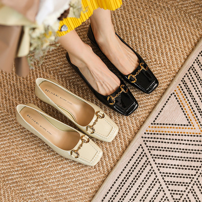 New Square-toe Retro Sheepskin Two-wear Can Be Stepped On With Horsebit Buckle High Heels