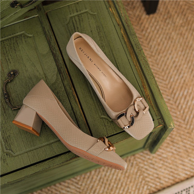 Snake Print Square Toe High Heels Work Shoes Soft Leather Two Wear Can Be Stepped On