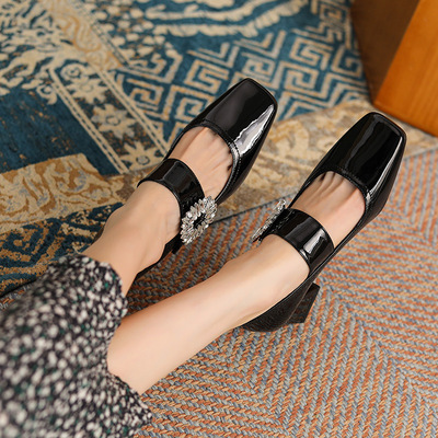 Square Toe Thick Heel Small Leather Shoes With Rhinestone Buckle College Style Sheepskin High-heeled Soft