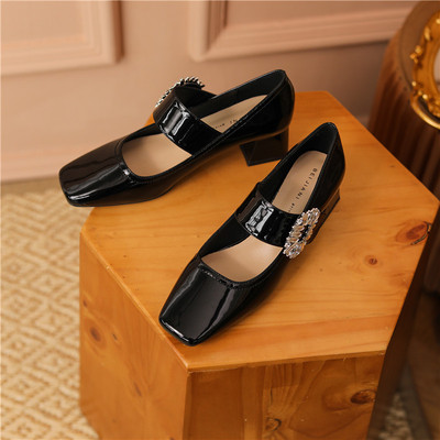 Square Toe Thick Heel Small Leather Shoes With Rhinestone Buckle College Style Sheepskin High-heeled Soft