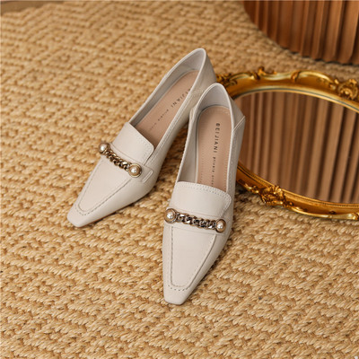 Square Toe High Heels Thick Heel Soft Leather Pearl Chain French Retro Stepped Heel