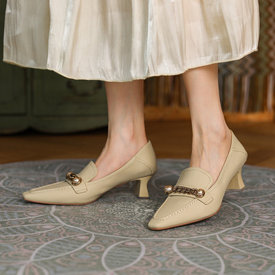 Square Toe High Heels Thick Heel Soft Leather Pearl Chain French Retro Stepped Heel
