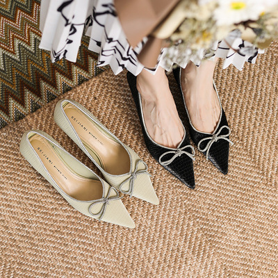Cracked Rhinestone Bowknot High Heels Female Pointed Stiletto Heels