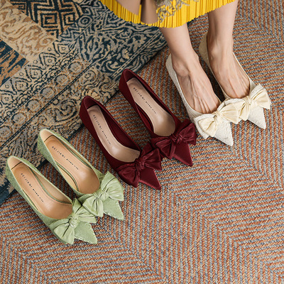 Satin Bow High Heels Women's Pointed Toe Stiletto French Retro