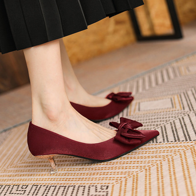 Satin Bow High Heels Women's Pointed Toe Stiletto French Retro