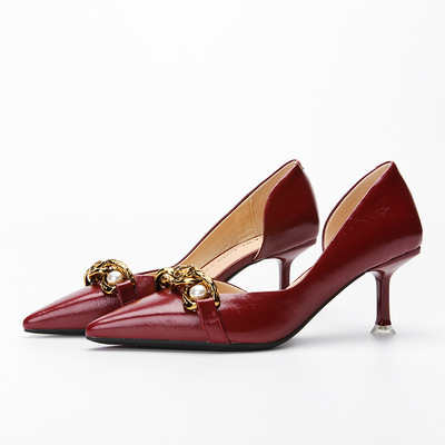 French Vintage Burgundy High Heels Pointed Toe Side Hollow Metal Pearl Buckle