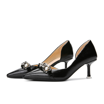 French Vintage Burgundy High Heels Pointed Toe Side Hollow Metal Pearl Buckle