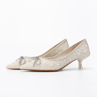 Bridesmaid Bridal Shoes Banquet Wedding Shoes Rhinestone Bow High Heels Pointed Shallow Mouth