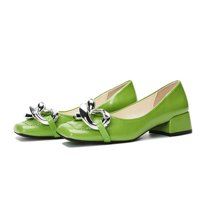 New Shallow Mouth Thick Heel Chain Metal Soft Leather
