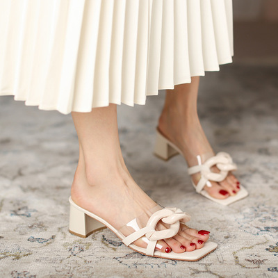 French Square Open Toe High Heel Slippers Chain Transparent One-word Sandals