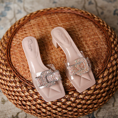 Transparent Glue Rhinestone Fairy Style High-heeled Slippers Women's Outer Slippers