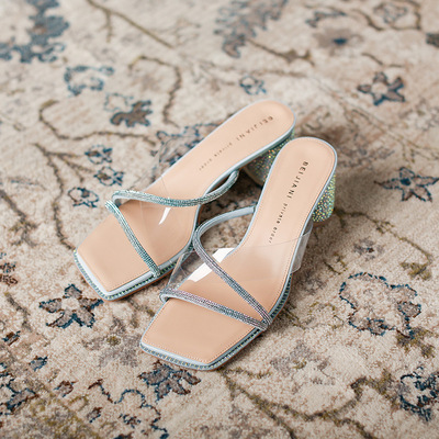 Transparent Rhinestone Slip-on Mid-heel Thick-heel Diamond Sandals And Slippers For Outer Wear