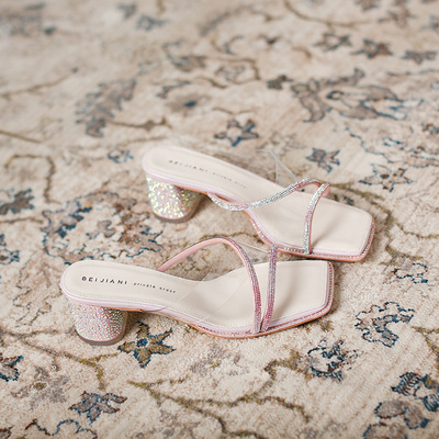 Transparent Rhinestone Slip-on Mid-heel Thick-heel Diamond Sandals And Slippers For Outer Wear