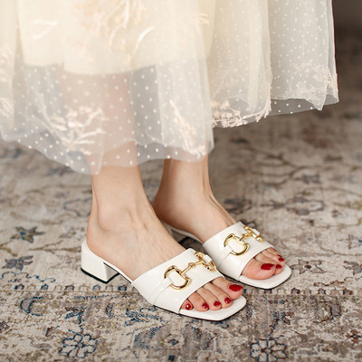 Net Red Half Slippers Soft Leather High-heeled Open Toe Outer Wear Summer Casual Square Toe