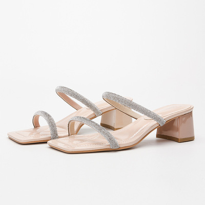 Korean Style Slippers, Open-toed Rhinestone High-heeled Half Slippers