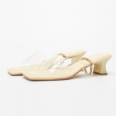 Transparent Plastic Metal Chain Decoration French Square Sandals And Slippers For Outer Wear