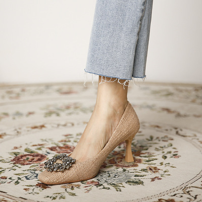Metal Square Buckle Square Toe High Heels Shallow Mouth Stiletto Heel Temperament Soft Sole