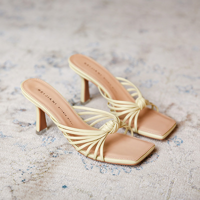 French Retro Literary And Artistic Outer Wear Braided Belt Mid-heel Square Toe Open Toe Hollow