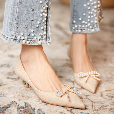 Pearl Sequined Fabric High Heels Stiletto Pointed Toe French Vintage Bow