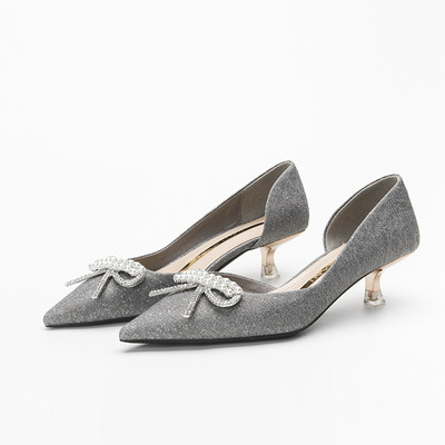 Pearl Sequined Fabric High Heels Stiletto Pointed Toe French Vintage Bow