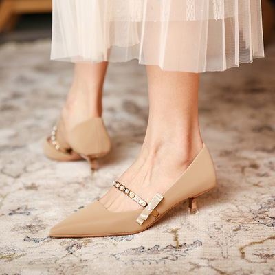 Pearl Word Belt High Heels French Pointed Toe Elegant Bow