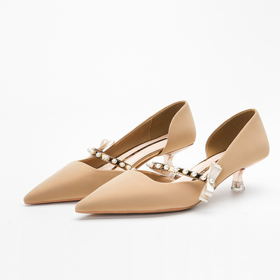 Pearl Word Belt High Heels French Pointed Toe Elegant Bow