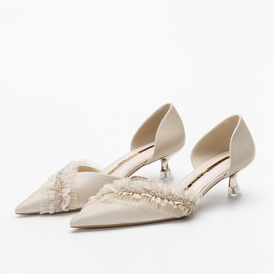 Oblique Lace Decorated High Heels Women's Pointed Stiletto Heel