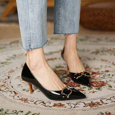 New Korean Style Shallow Mouth French Retro Thick And Thin Heel High Heel Work Shoes