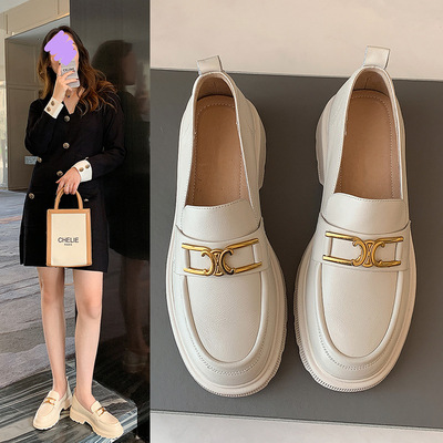 First Layer Cowhide British Style Loafers Women Leather Black Platform