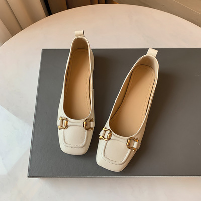 Square Toe Shallow Oral Layer Cowhide Casual Low-heeled Loafers With Metal Buckle
