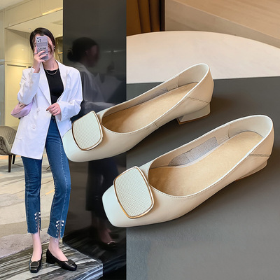 New Shallow Mouth Square Buckle Black Mid-heel Casual Loafers