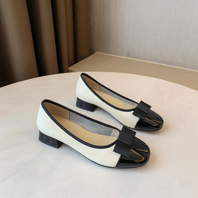 Small Fragrance Style First Layer Cowhide Shallow Mouth Low Heel Color Matching Casual