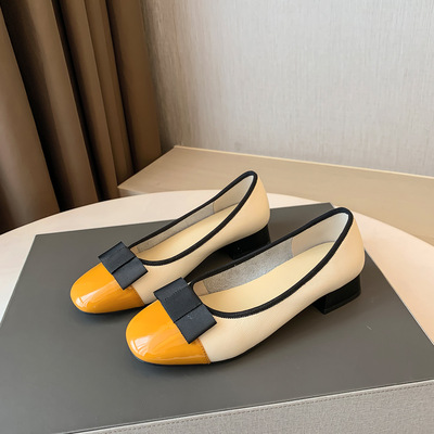 Small Fragrance Style First Layer Cowhide Shallow Mouth Low Heel Color Matching Casual