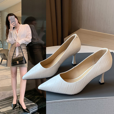 Fashion Pointed-toe High-heeled Shoes With Top Layer Of Sheepskin Stiletto Shallow Mouth