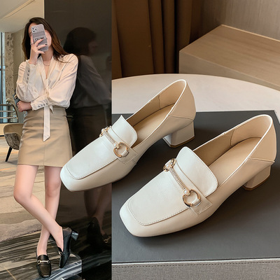 Top Layer Cowhide Square Toe Casual High Heels New Thick Heel Fashion