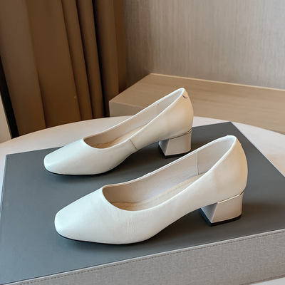 Thick Heel Top Layer Cowhide High Heels New Round Toe Casual Women's Shoes