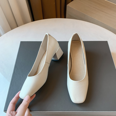Thick Heel Top Layer Cowhide High Heels New Round Toe Casual Women's Shoes