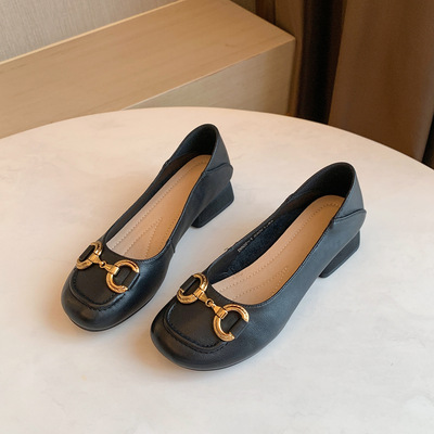 New Metal Shallow Mouth Round Toe Pure Color Small Leather Shoes