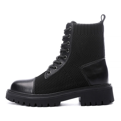 Knitted Breathable Martin Boots Female British Style Round Toe Lace-up Ankle Boots