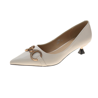 New Top Layer Cowhide High Heels Women's Pointed Toe Mid-heel Shallow Mouth Fashion