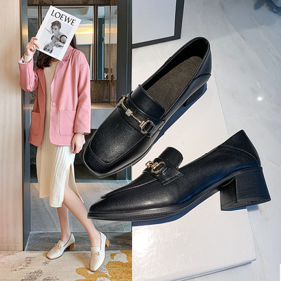 Chunky Heel Loafers Spring New First Layer Cowhide Fashion