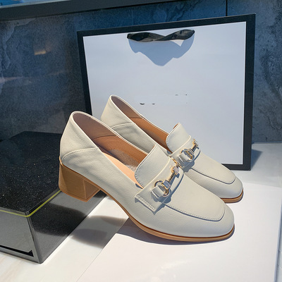 Chunky Heel Loafers Spring New First Layer Cowhide Fashion