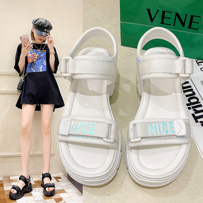 Thick-soled Korean Round-toe Velcro White Sponge Cake Spot Casual Sandals