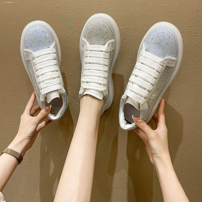 Rhinestone Mesh Breathable White Shoes, New Korean Style Thick-soled Casual Shoes