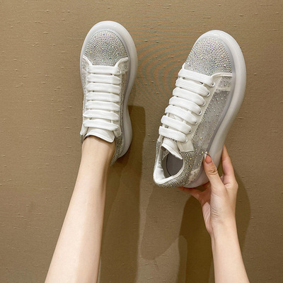 Rhinestone Mesh Breathable White Shoes, New Korean Style Thick-soled Casual Shoes