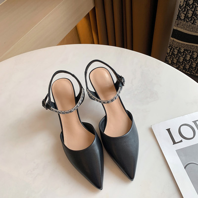 Half-toe High-heeled Sandals Summer New Top Layer Cowhide Pointed Toe Fashion