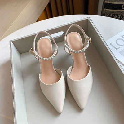 Half-toe High-heeled Sandals Summer New Top Layer Cowhide Pointed Toe Fashion